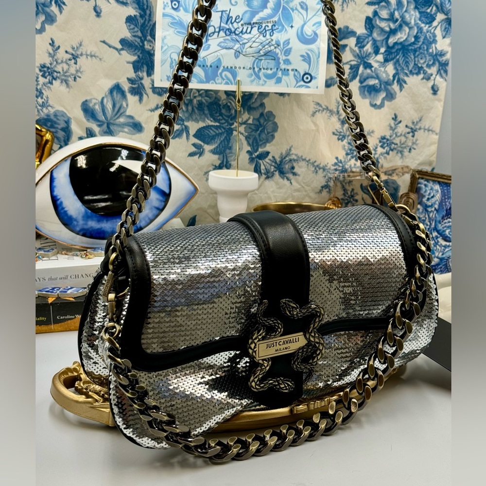 🆕 JUST CAVALLI 🧿 NWT Iconic Snakes Logo-Plaque Sequin Handbag - Picture 3 of 15